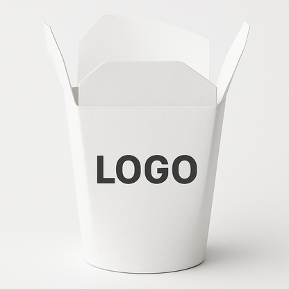 Weiße To-Go-Box mit personalisiertem Branding für professionelles Food-Packaging.