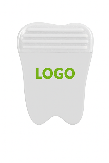 Zahnförmiger Magnet-Clip in Weiß mit individuellem Logo – Werbeartikel für Zahnarztpraxen und Dentalunternehmen.
