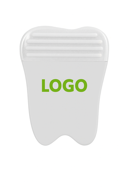 Zahnförmiger Magnet-Clip in Weiß mit individuellem Logo – Werbeartikel für Zahnarztpraxen und Dentalunternehmen.