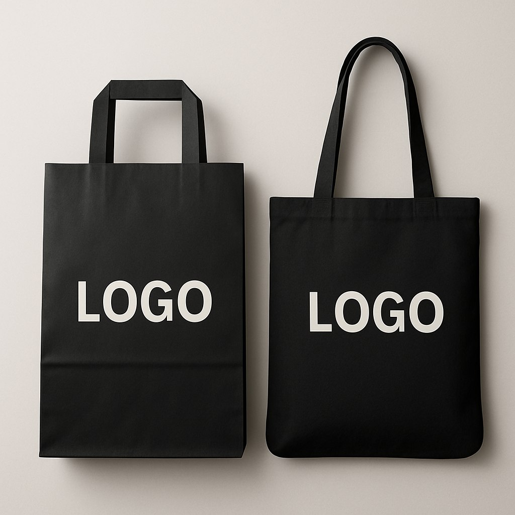 Schwarze Papiertragetasche und schwarze Stofftasche mit Logo-Beispiel – ideal für Branding, Retail & Events.