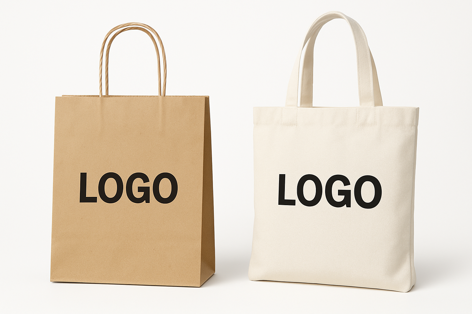 Weiße und braune Tragetaschen nebeneinander mit individuellem Logo-Beispiel – ideale Verpackungslösung für Retail, Events und Branding.