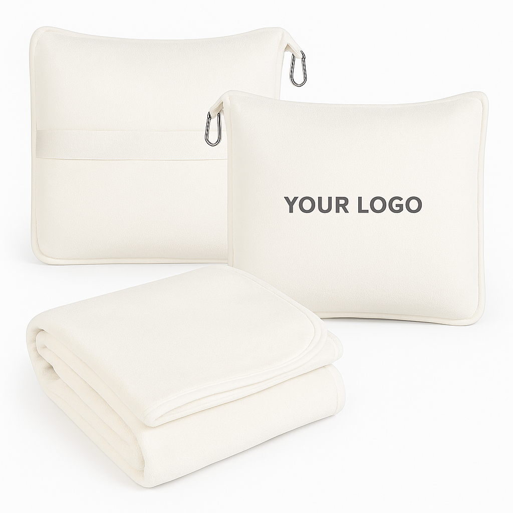 Weißes Reise-Decken-Set mit personalisierbarem Logo – Kissen mit Karabiner, gefaltete Fleece-Decke und Rückseite mit Trageband.