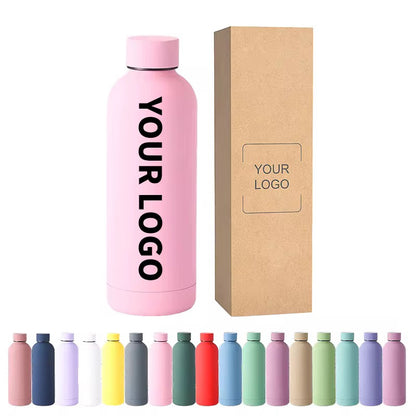 Rosa Thermoflasche mit vertikalem Logo-Druck und personalisierter Verpackungsbox.