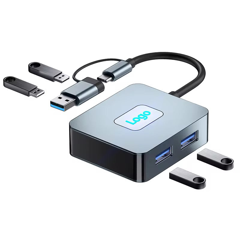 Quadratischer USB-Hub mit zwei USB-3.0 Ports und beleuchtetem Logo – personalisierbarer Firmen-Werbeartikel im Premium-Design.