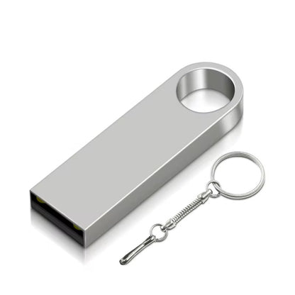 Silberner Metall USB-Stick mit großem Schlüsselring – personalisierbar mit Logo oder Gravur.
