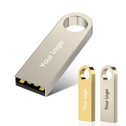 Metall USB-Stick in Silber und Gold mit Logo-Beispiel – hochwertiger personalisierter Firmenstick.