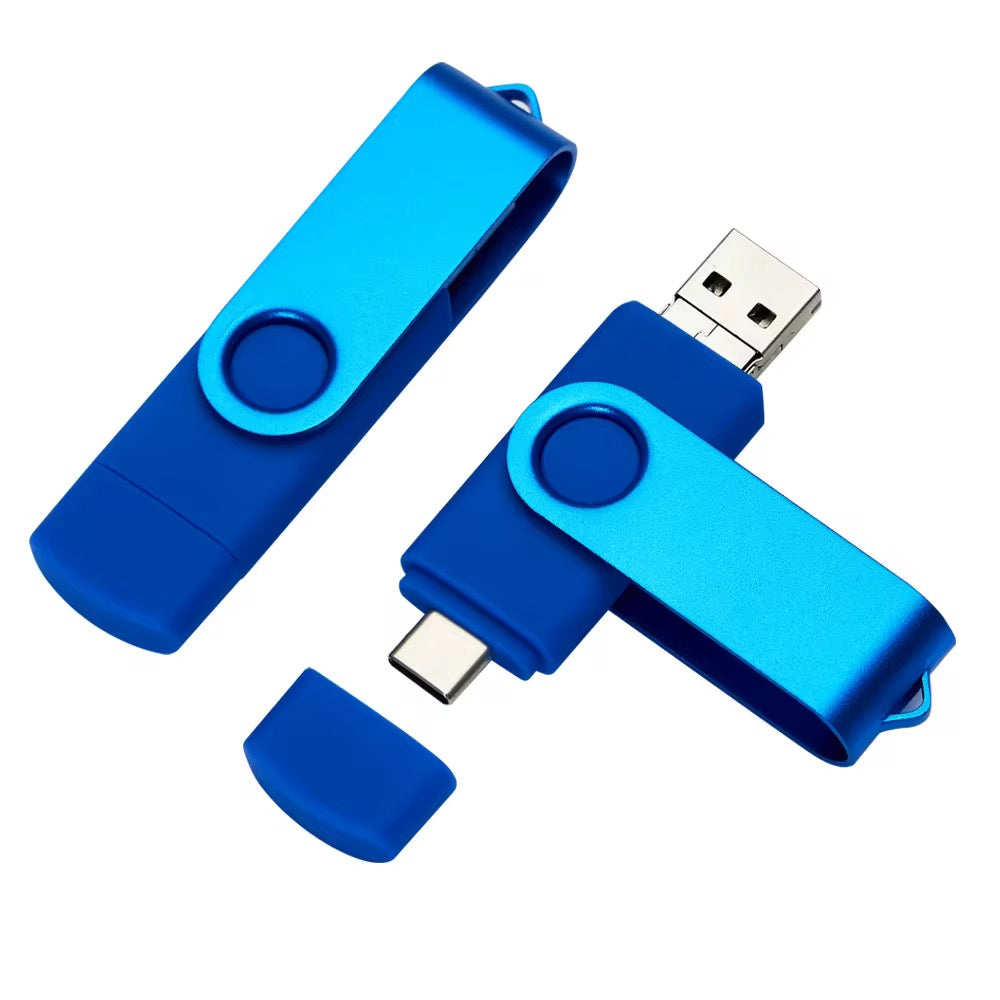 Blauer USB-Stick mit drehbarem Clip und Dual-Port – personalisierbar für Firmen & Events.