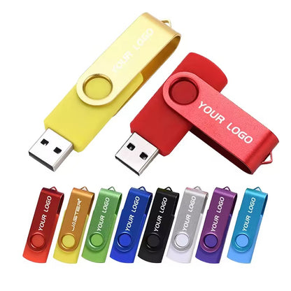 Gelber und roter Swivel USB-Stick mit Logo und zusätzlicher Farbpalette – personalisierte USB-Werbegeschenke.