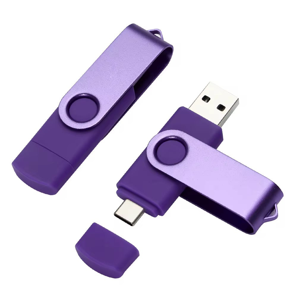 Lila Swivel USB-Stick mit USB-A/USB-C und Logo-Bereich – auffälliges Promo-Produkt.