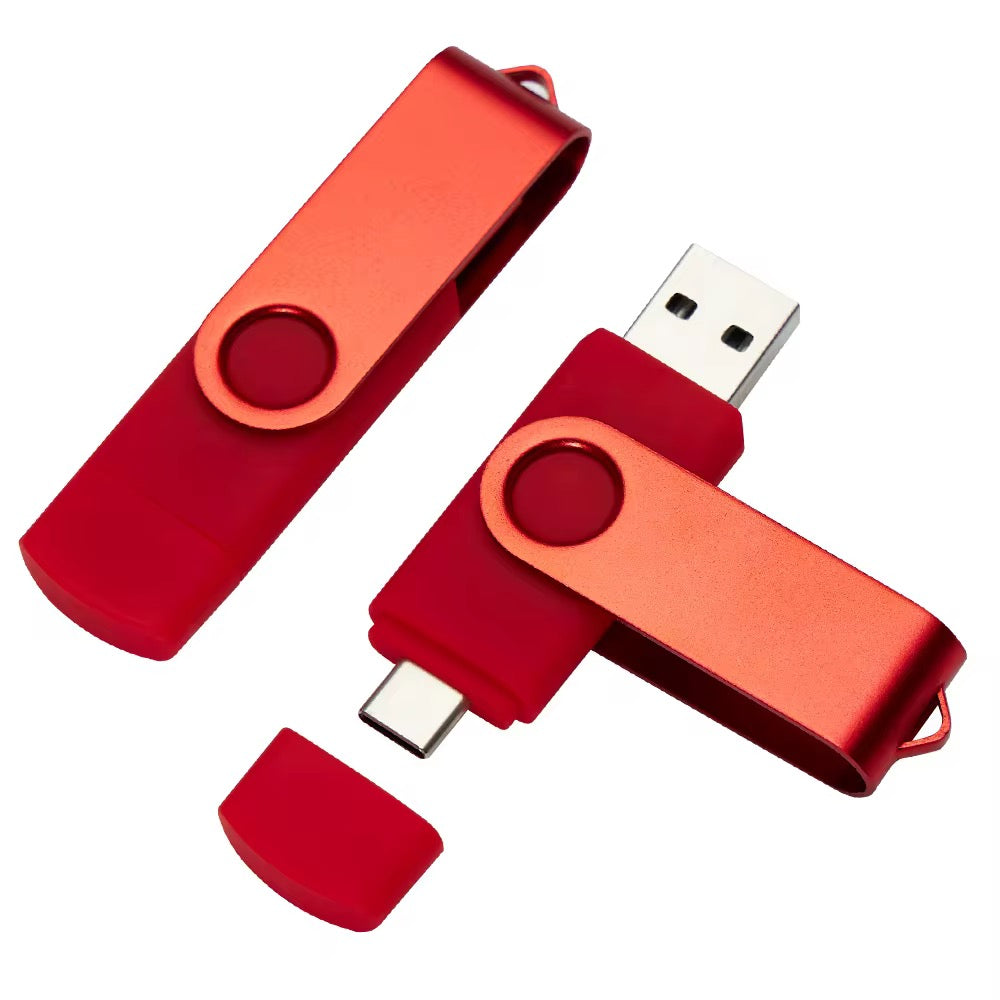 Roter Swivel USB-Stick mit Dual-Port USB-A/USB-C und drehbarem Clip – ideal für personalisierten Druck.
