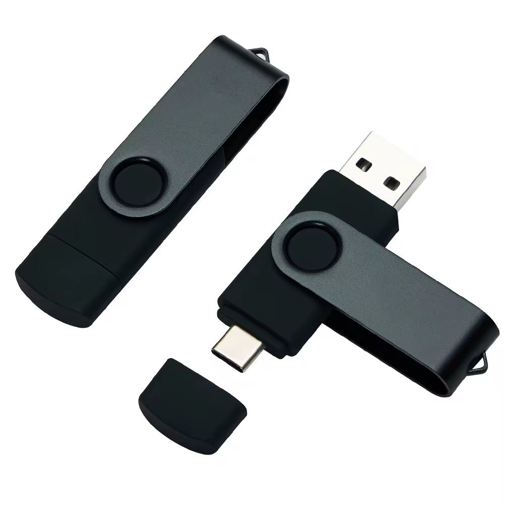 Schwarzer Swivel USB-Stick mit USB-A und USB-C Dual-Port – modernes, personalisierbares Firmen-Storage.