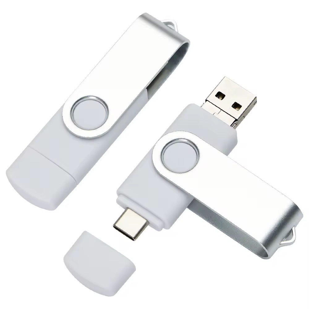 Weißer Swivel USB-Stick mit USB-C und USB-A – ideale Fläche für individuellen Logo-Druck.