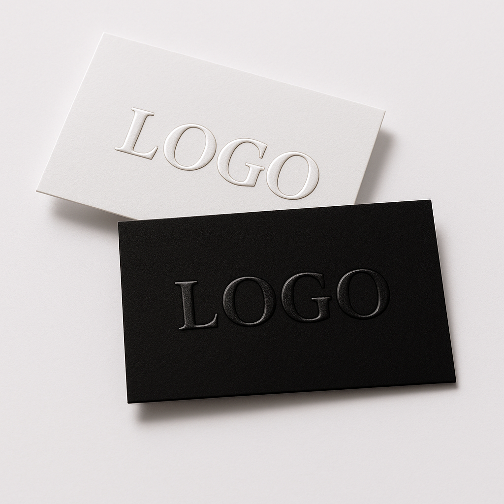 schwarze und weiße Visitenkarte mit geprägtem Logo – hochwertige Premium-Businesscards für Firmenbranding.