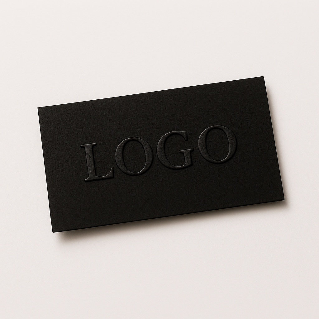 schwarze Visitenkarte mit tiefgeprägtem Logo – edles, minimalistisches Design für professionelle Marken.