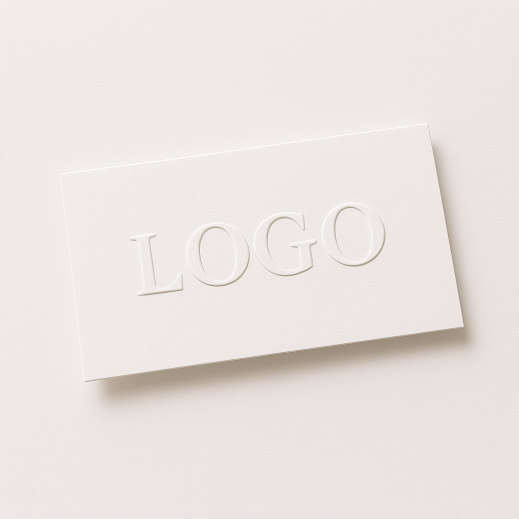 Weiße Visitenkarte aus Premium-Karton mit geprägtem Logo – hochwertige, minimalistische Businesscard.