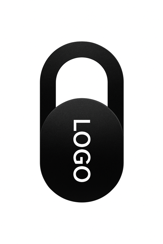 Schwarze Webcam-Abdeckung mit individuellem Logo – ultradünner Privacy Slider für Laptops und Smartphones.